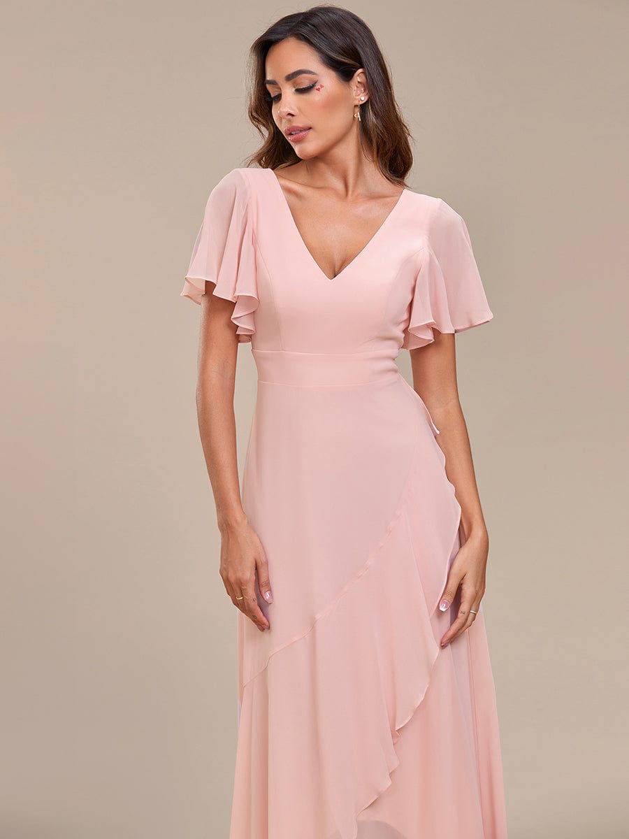 Charming Chiffon Dress with Lotus Leaf Hemline In Pink #color_Pink