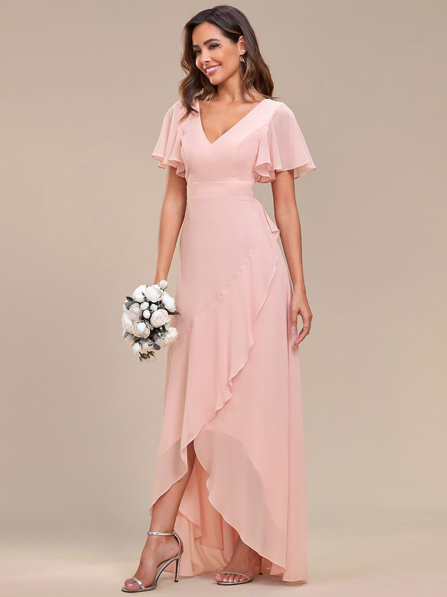 Charming Chiffon Dress with Lotus Leaf Hemline In Pink #color_Pink