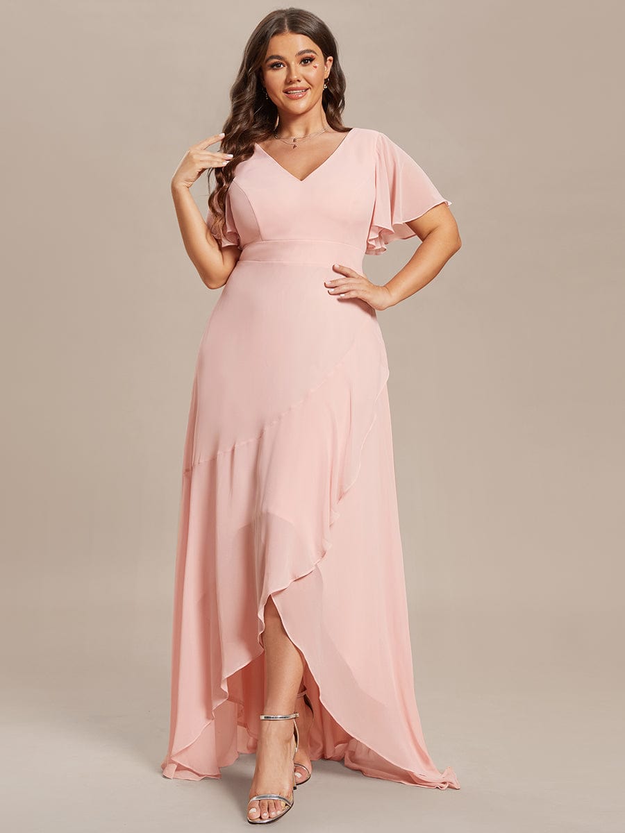 Charming Chiffon Dress with Lotus Leaf Hemline In Pink #color_Pink