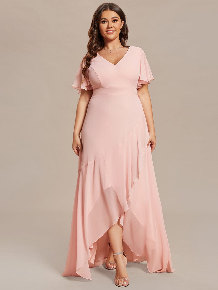 Charming Chiffon Dress with Lotus Leaf Hemline In Pink #color_Pink