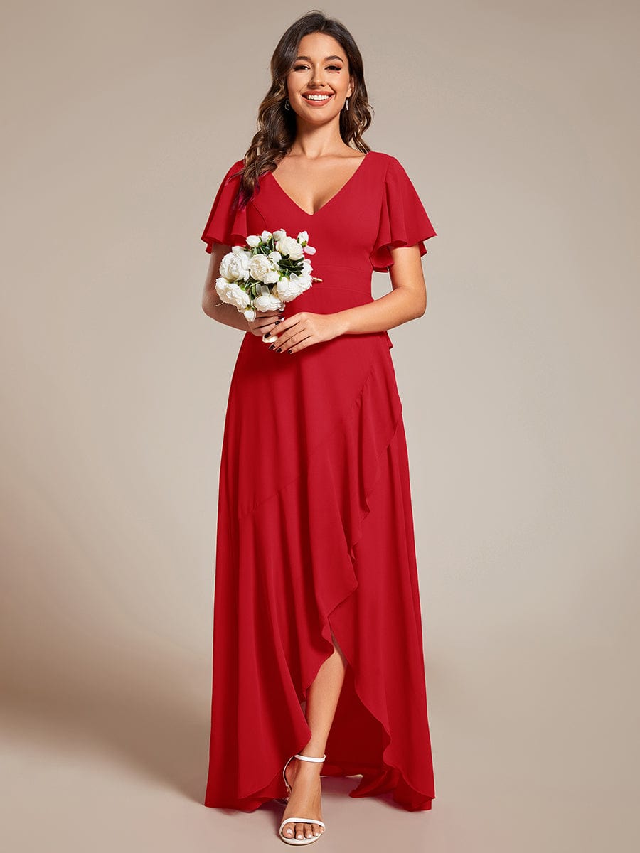 Charming Chiffon Bridesmaid Dress with Lotus Leaf Hemline #color_Red