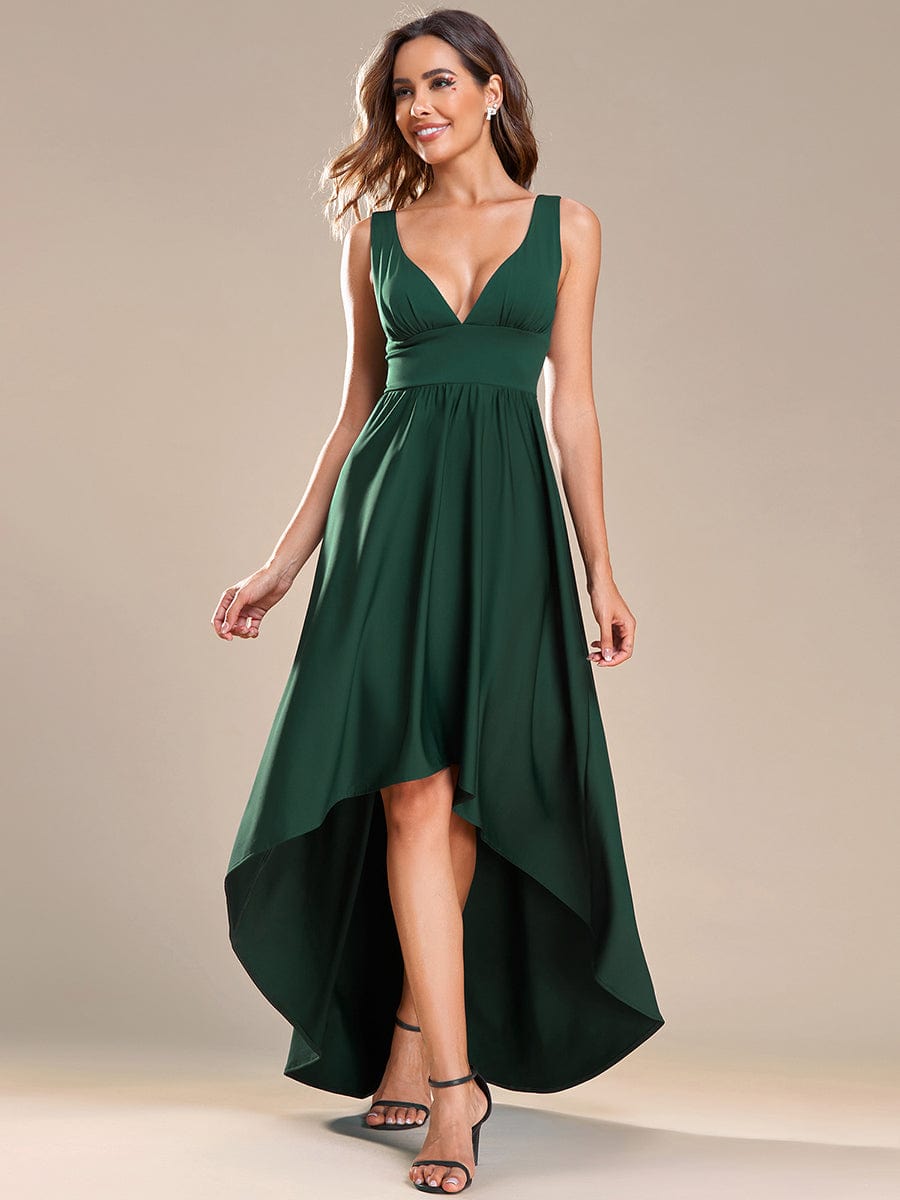 V-Neck Sleeveless High-Low Evening Dress with Stretchy #color_Dark Green