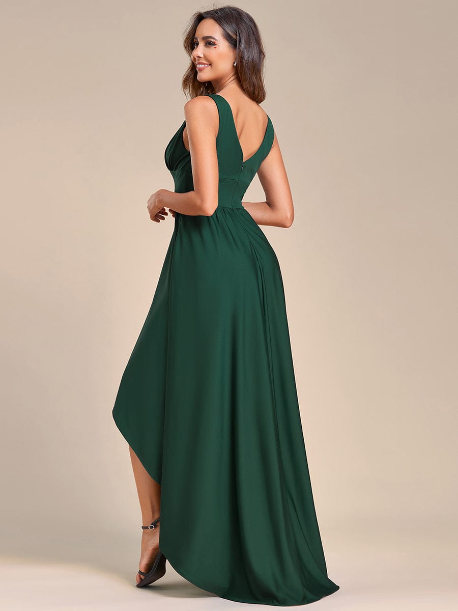 V-Neck Sleeveless High-Low Evening Dress with Stretchy #color_Dark Green