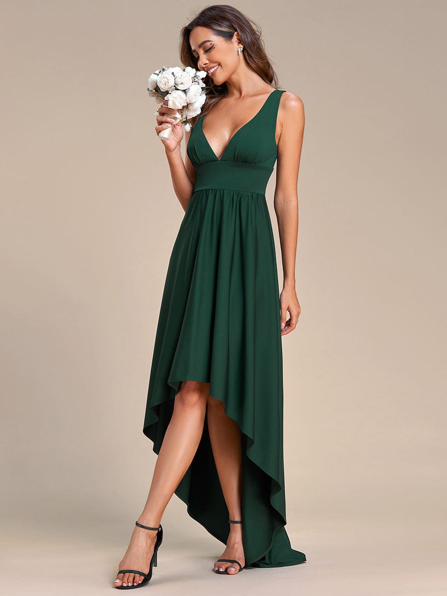 V-Neck Sleeveless High-Low Evening Dress with Stretchy #color_Dark Green