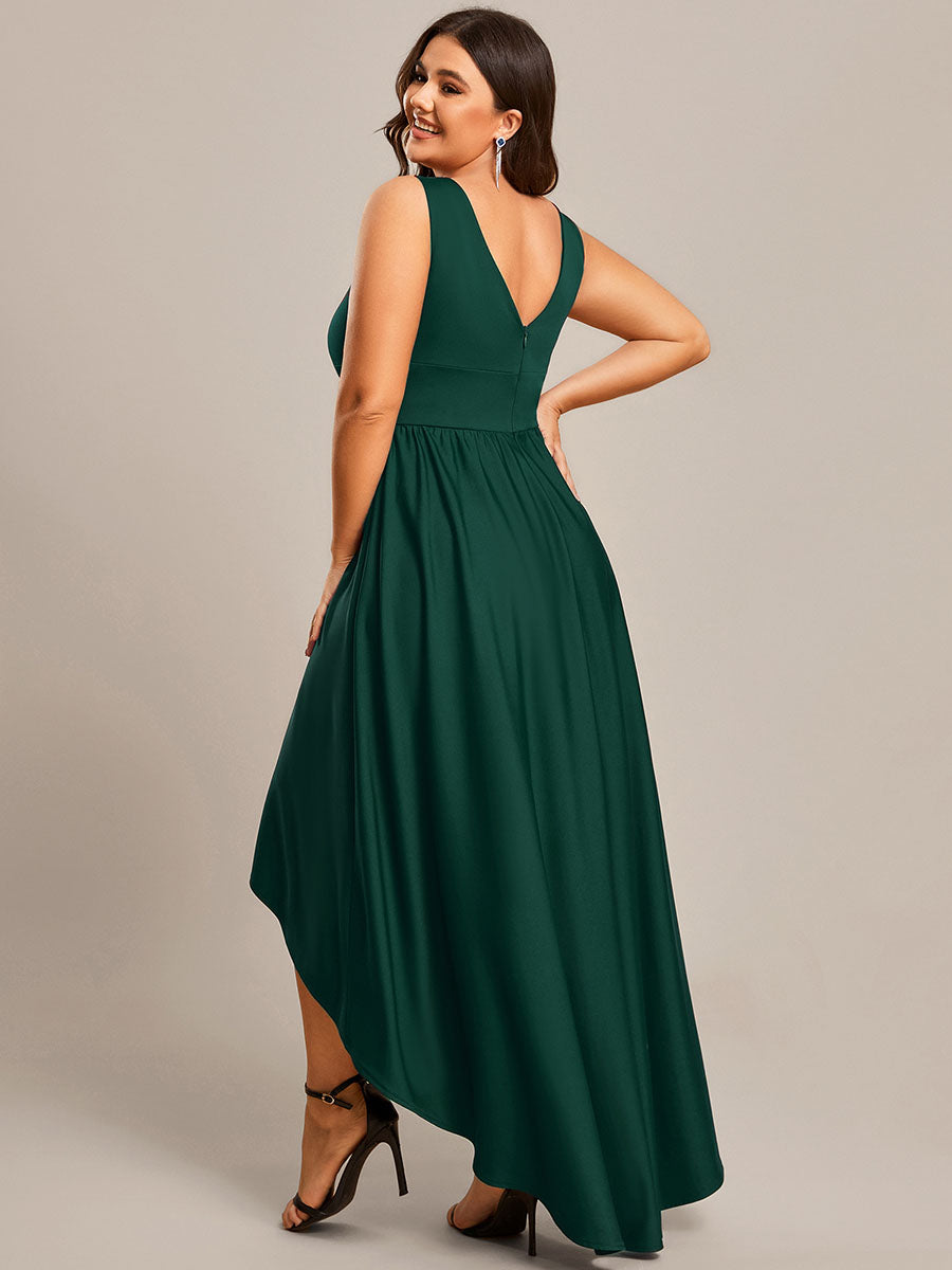 V-Neck Sleeveless High-Low Dress with Stretchy in Dark Green #color_Dark Green