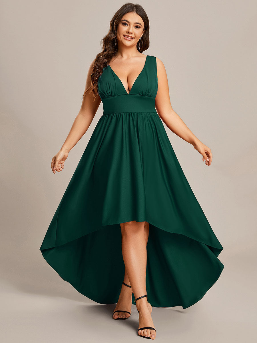 V-Neck Sleeveless High-Low Dress with Stretchy in Dark Green #color_Dark Green