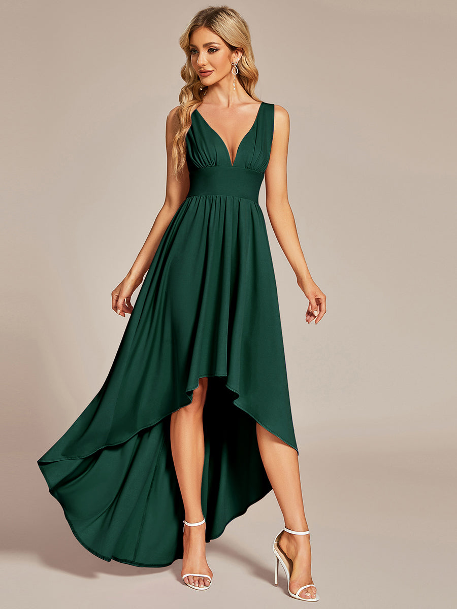 V-Neck Sleeveless High-Low Dress with Stretchy in Dark Green #color_Dark Green