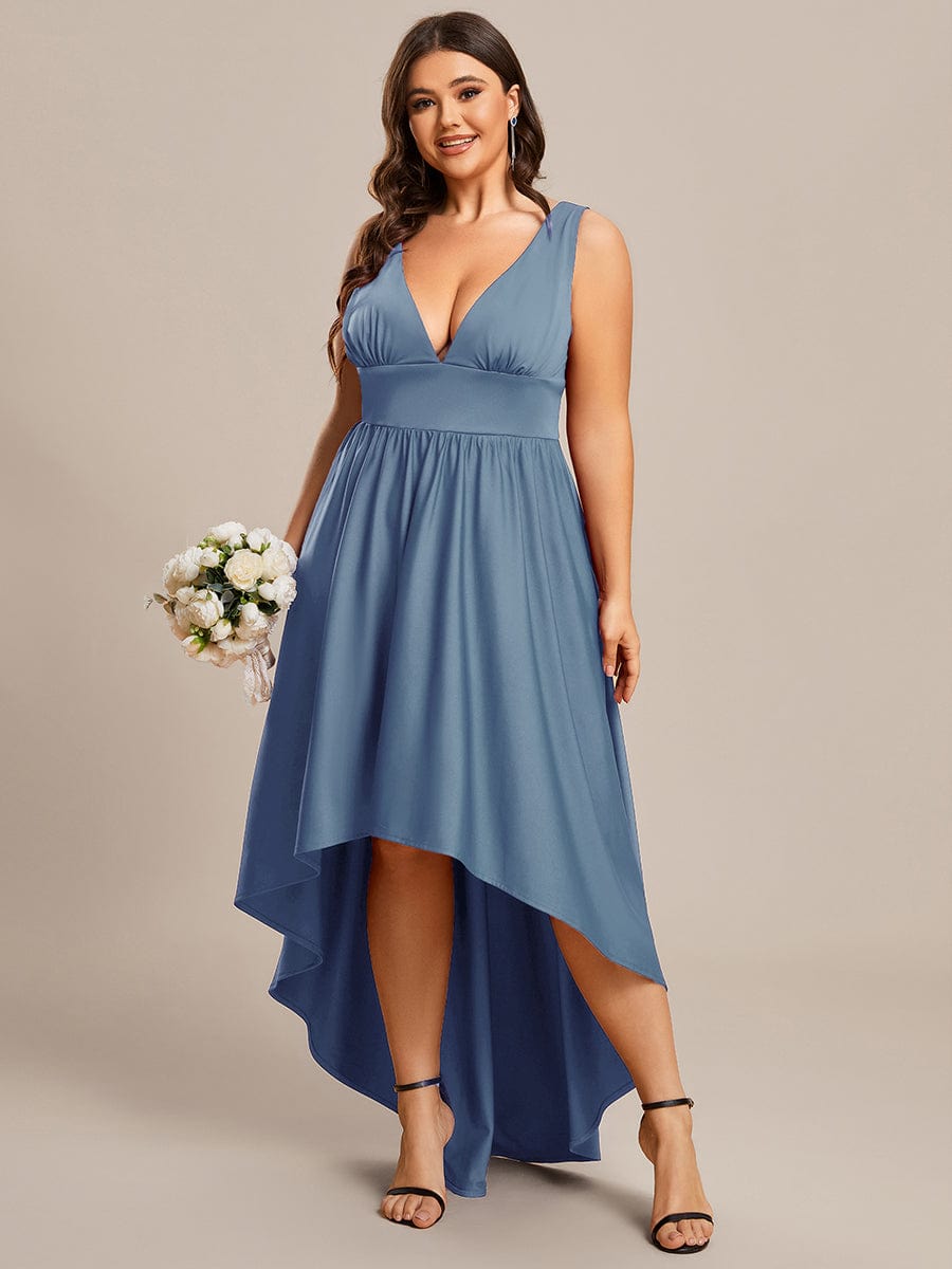 V-Neck Sleeveless High-Low Evening Dress with Stretchy in Dusty Blue #color_Dusty Blue