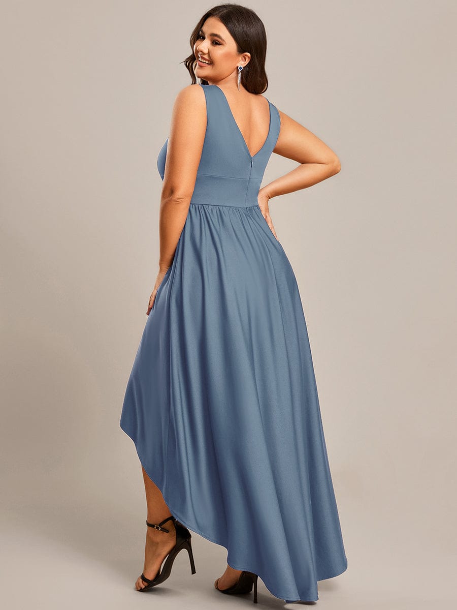 V-Neck Sleeveless High-Low Evening Dress with Stretchy in Dusty Blue #color_Dusty Blue