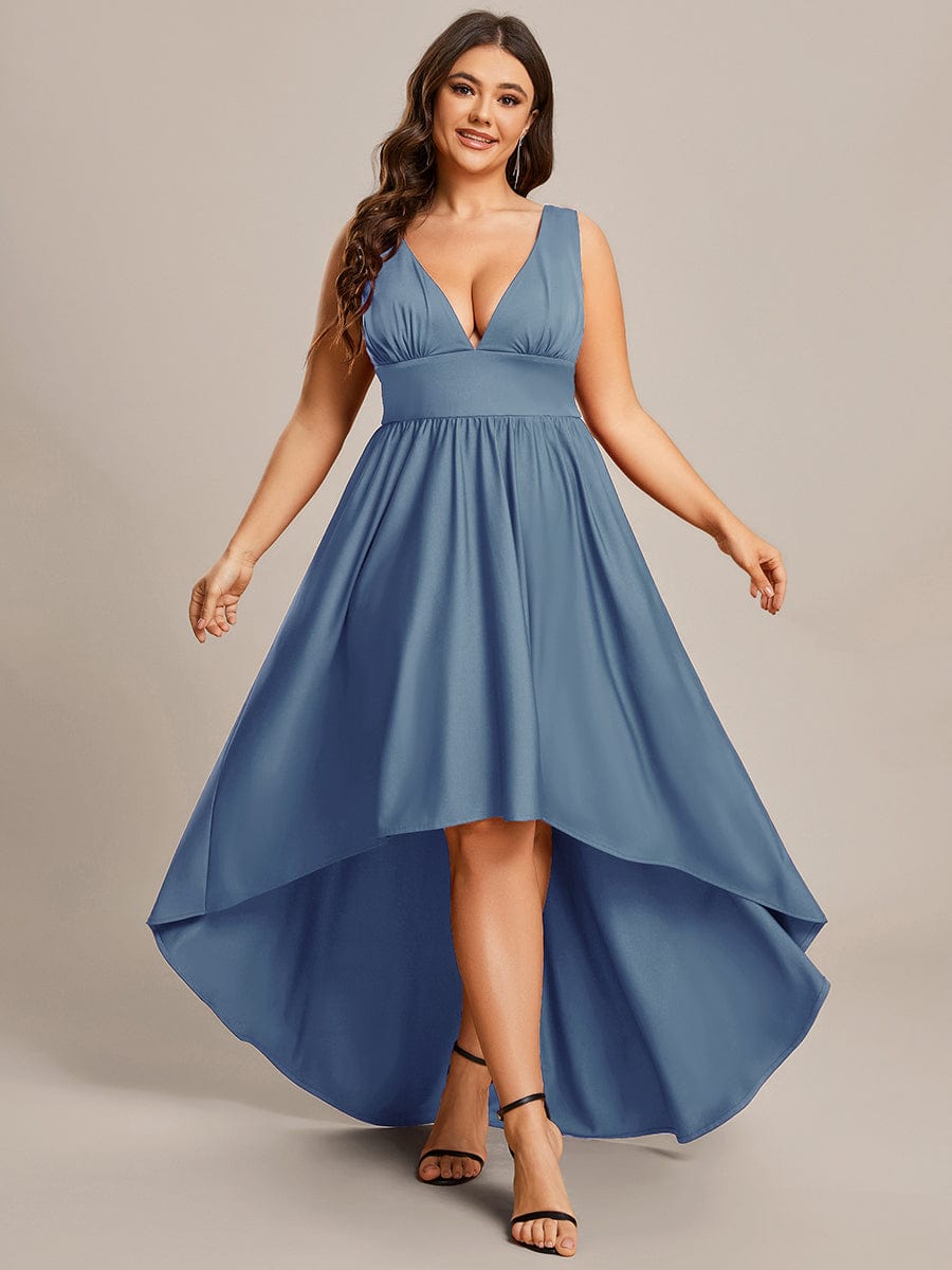 V-Neck Sleeveless High-Low Evening Dress with Stretchy in Dusty Blue #color_Dusty Blue