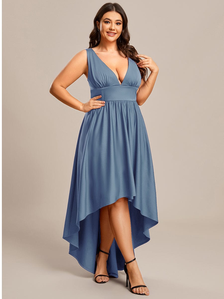 V-Neck Sleeveless High-Low Evening Dress with Stretchy in Dusty Blue #color_Dusty Blue