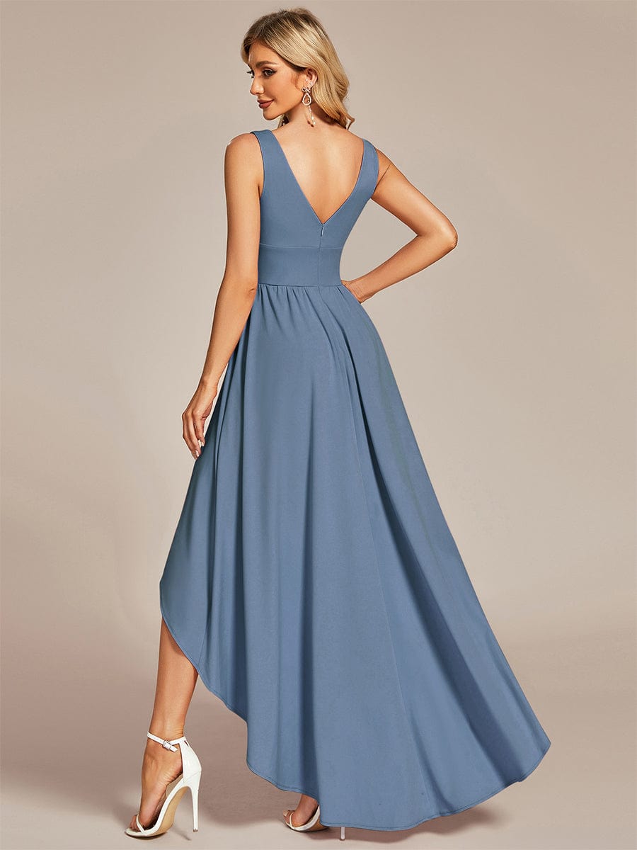 V-Neck Sleeveless High-Low Evening Dress with Stretchy in Dusty Blue #color_Dusty Blue