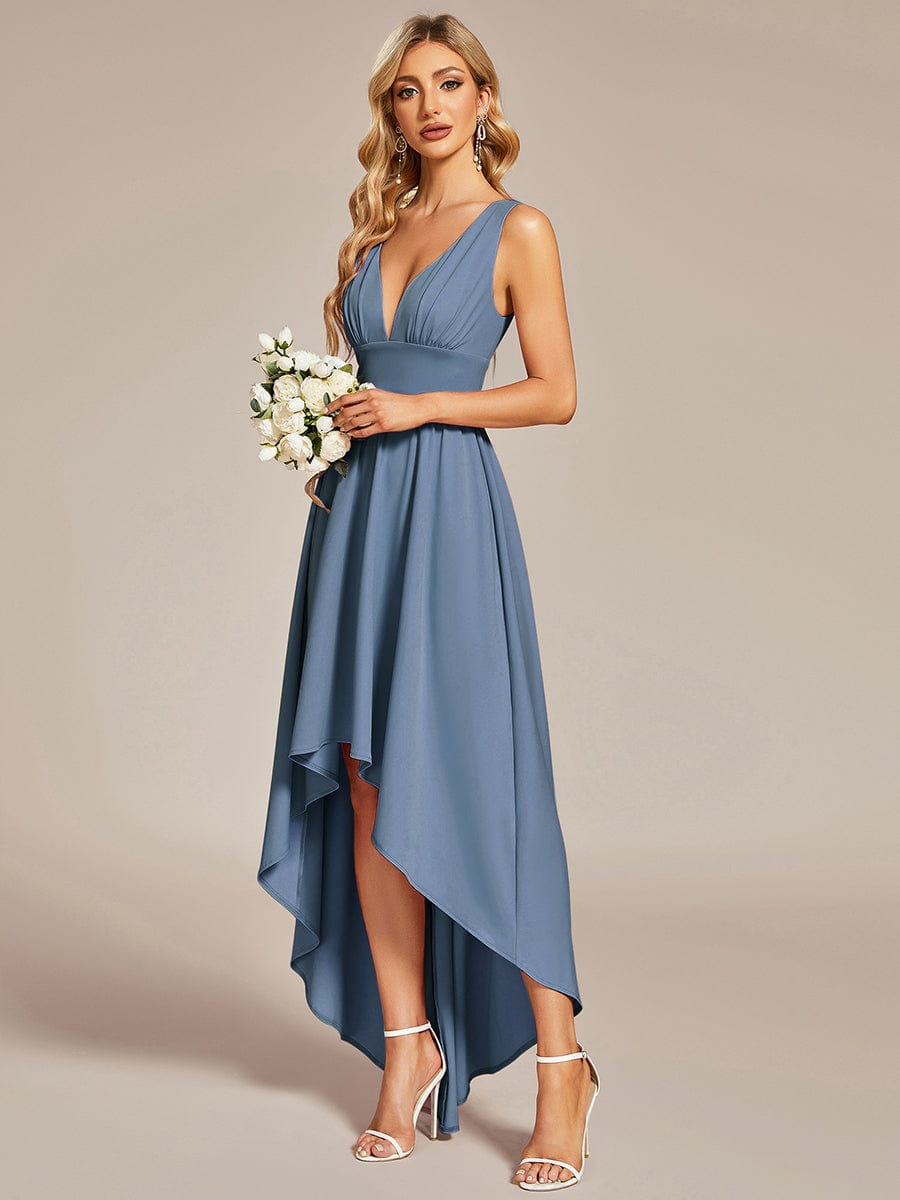 V-Neck Sleeveless High-Low Evening Dress with Stretchy in Dusty Blue #color_Dusty Blue