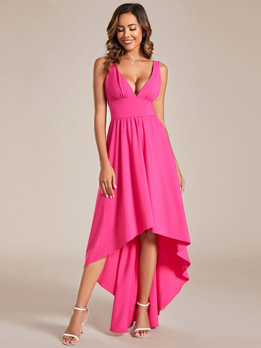 V-Neck Sleeveless High-Low Evening Dress with Stretchy #color_Hot Pink