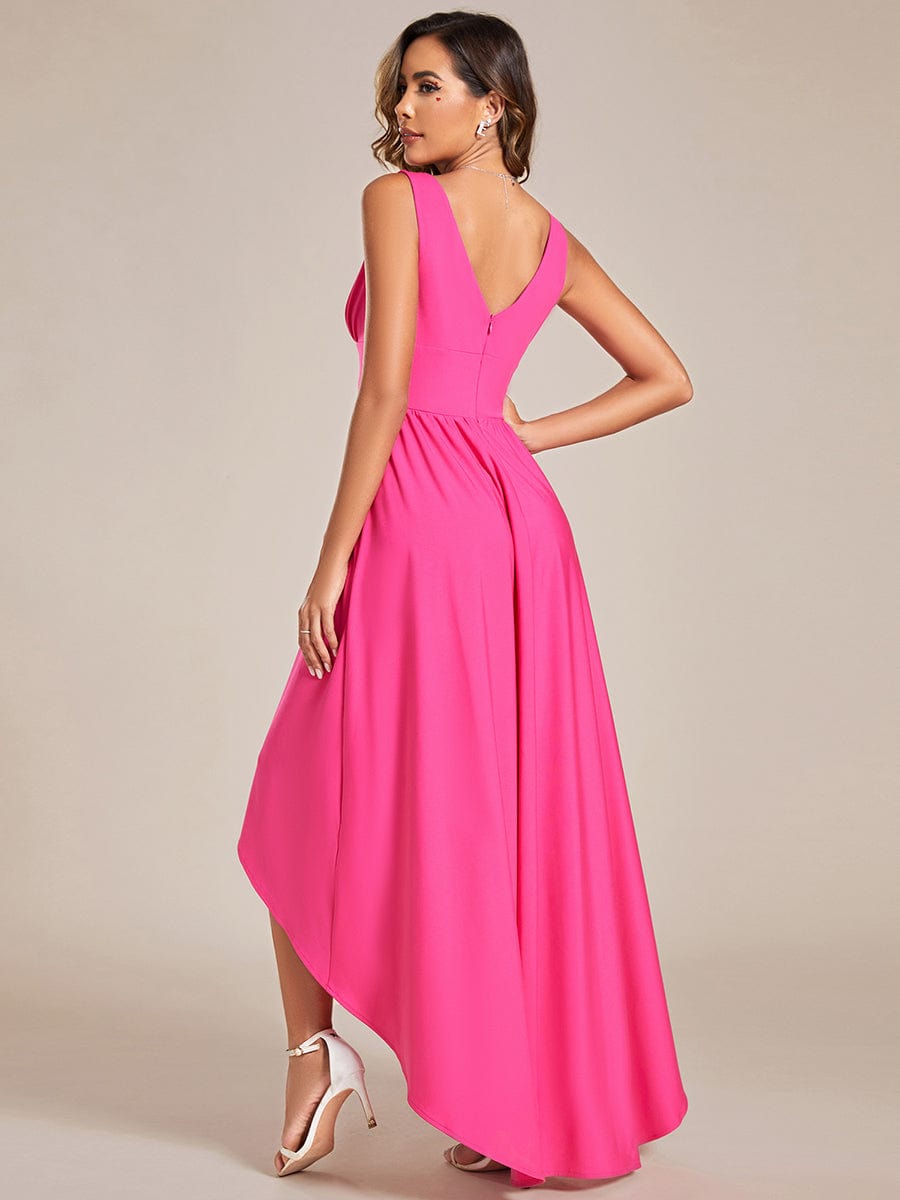 V-Neck Sleeveless High-Low Evening Dress with Stretchy #color_Hot Pink