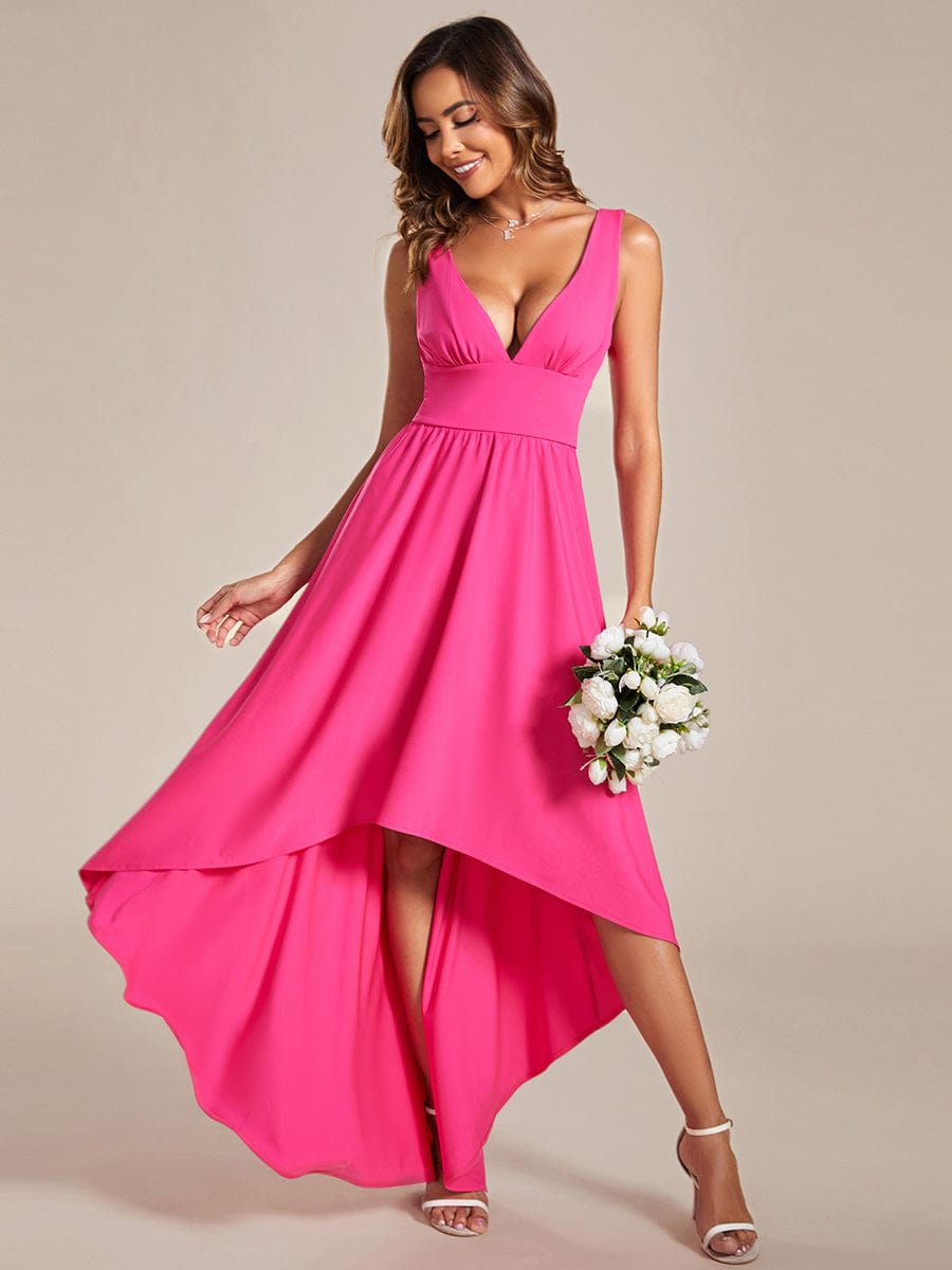 V-Neck Sleeveless High-Low Evening Dress with Stretchy #color_Hot Pink