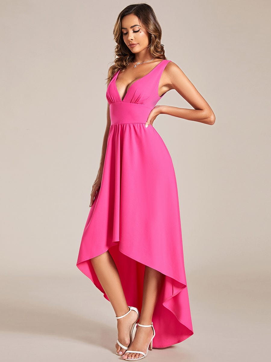 V-Neck Sleeveless High-Low Evening Dress with Stretchy #color_Hot Pink