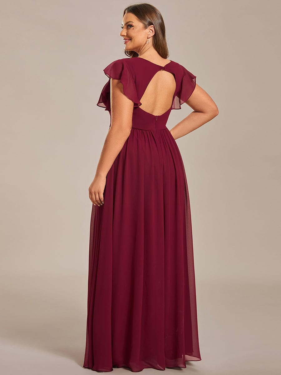 Custom Size Elegant V-Neck Open Back Chiffon Bridesmaid Dress with Ruffled Sleeves #color_Burgundy