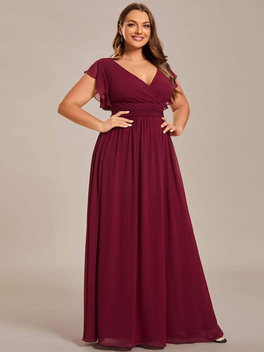 Custom Size Elegant V-Neck Open Back Chiffon Bridesmaid Dress with Ruffled Sleeves #color_Burgundy