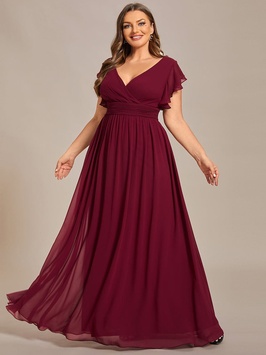 Custom Size Elegant V-Neck Open Back Chiffon Bridesmaid Dress with Ruffled Sleeves #color_Burgundy