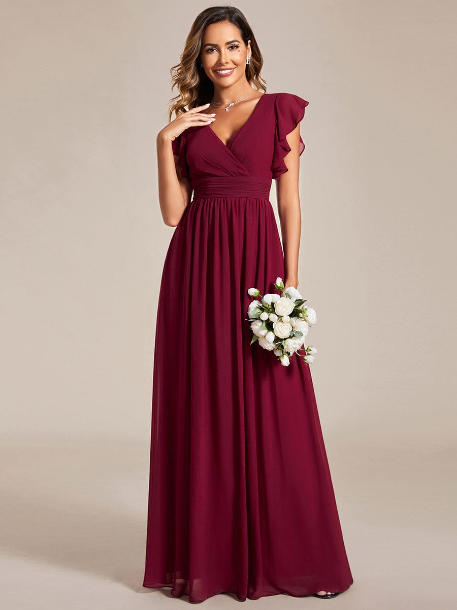 Custom Size Elegant V-Neck Open Back Chiffon Bridesmaid Dress with Ruffled Sleeves #color_Burgundy