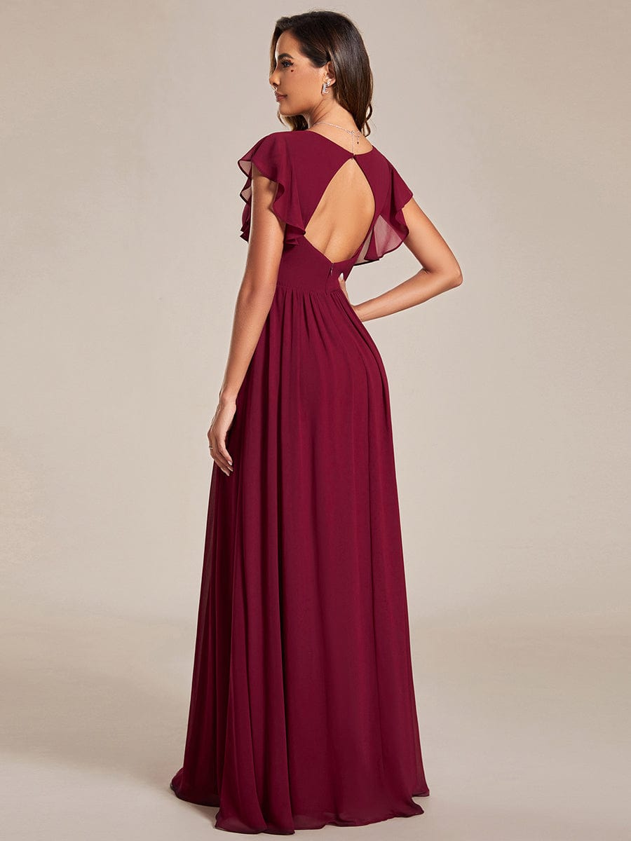 Custom Size Elegant V-Neck Open Back Chiffon Bridesmaid Dress with Ruffled Sleeves #color_Burgundy