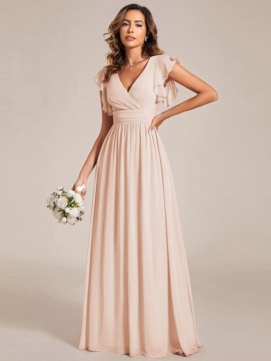 V-Neck Open Back Ruffled Sleeves Chiffon Bridesmaid Dress #color_Blush