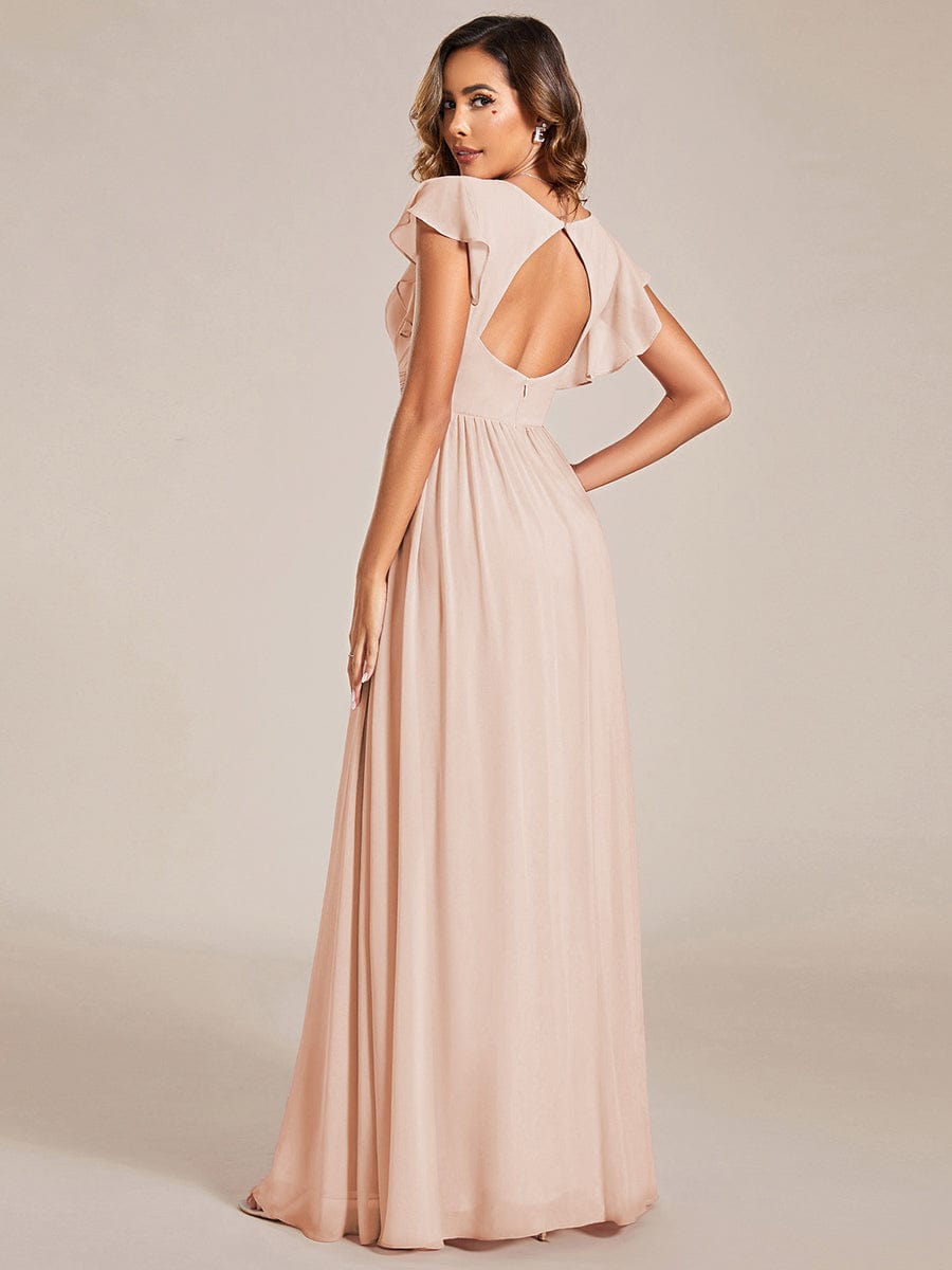 V-Neck Open Back Ruffled Sleeves Chiffon Bridesmaid Dress #color_Blush