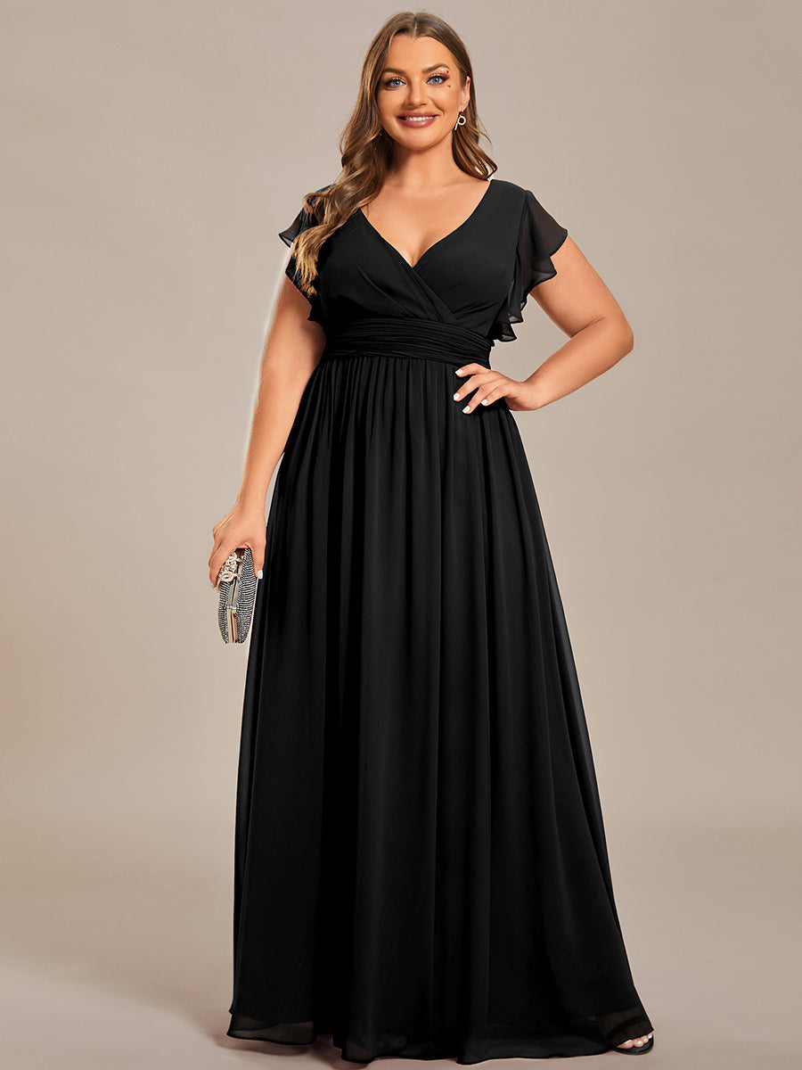 Elegant V-Neck Open Back Chiffon Bridesmaid Dress with Ruffled Sleeves #color_Black