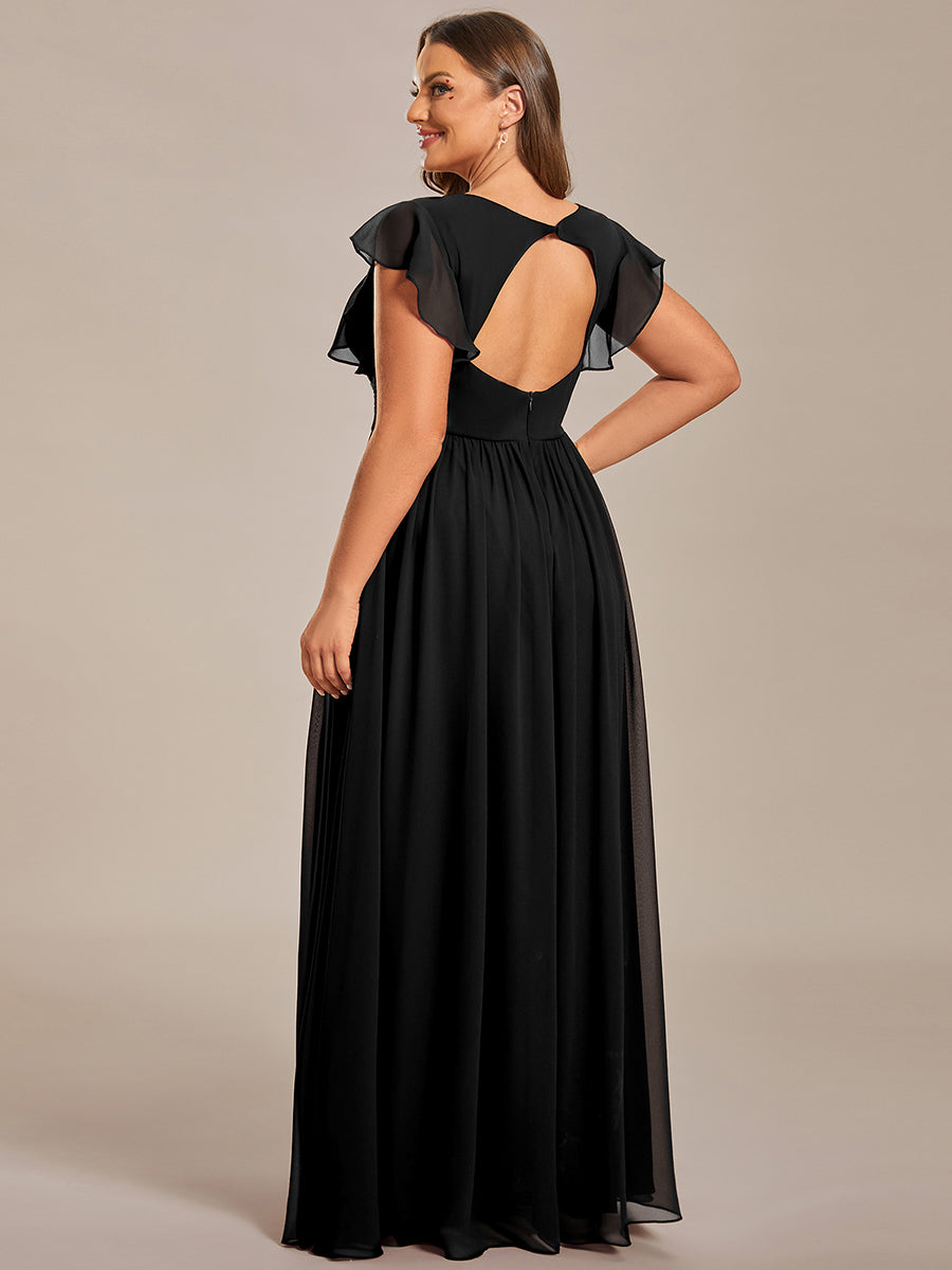 Elegant V-Neck Open Back Chiffon Bridesmaid Dress with Ruffled Sleeves #color_Black