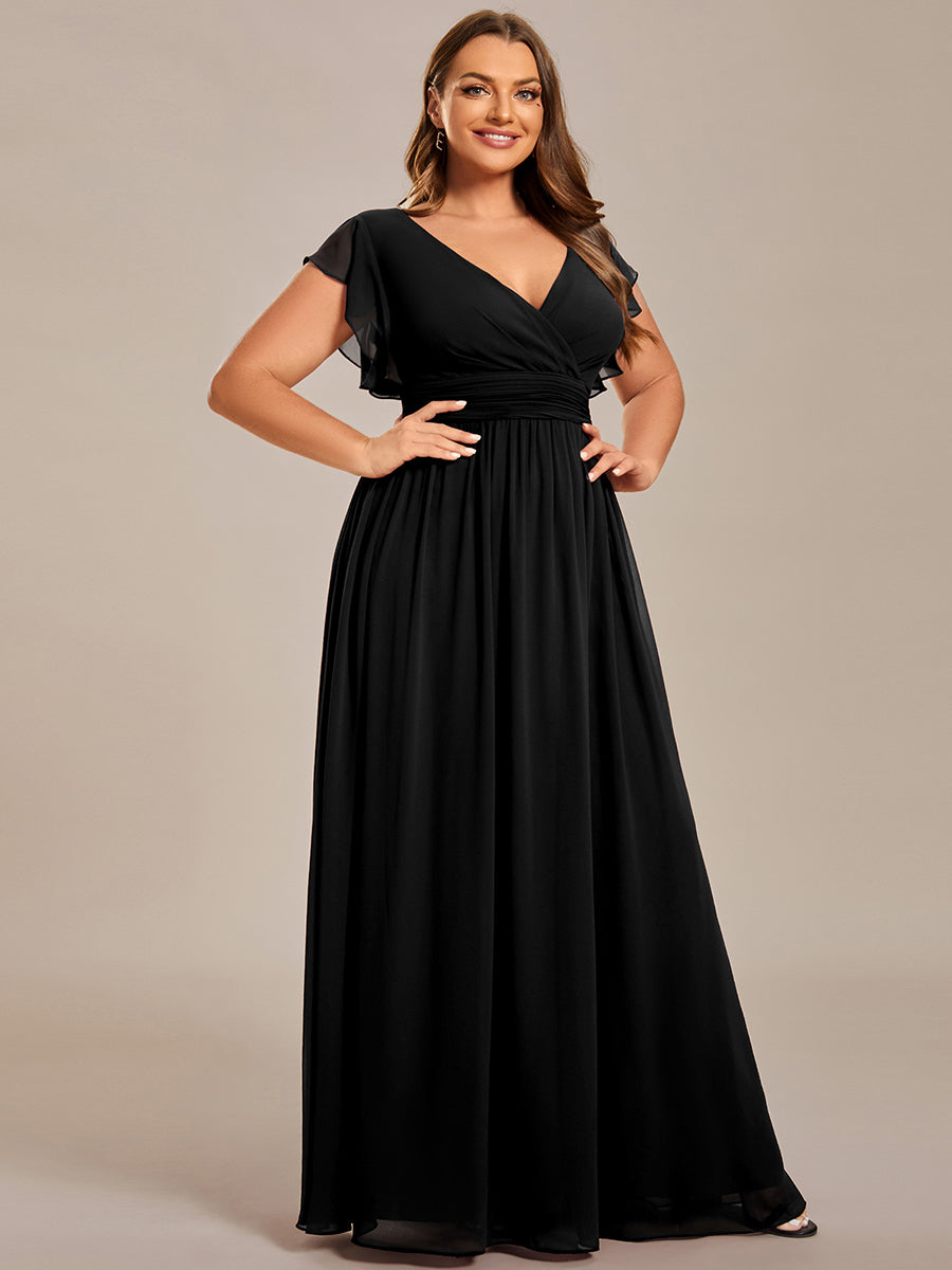 Elegant V-Neck Open Back Chiffon Bridesmaid Dress with Ruffled Sleeves #color_Black