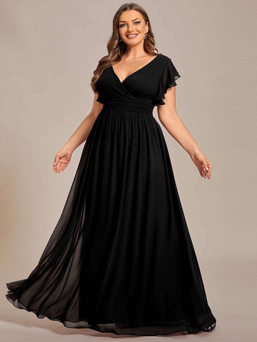 Elegant V-Neck Open Back Chiffon Bridesmaid Dress with Ruffled Sleeves #color_Black