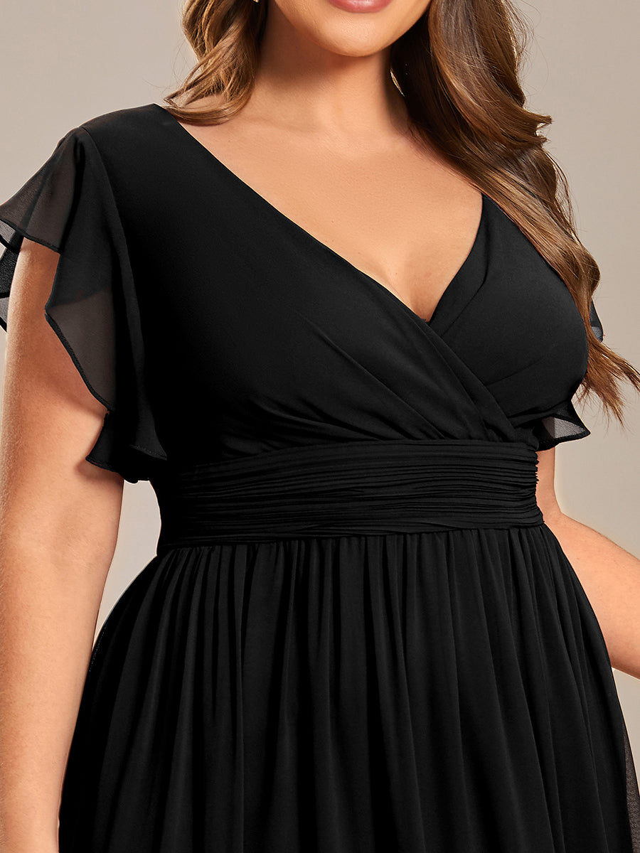 Elegant V-Neck Open Back Chiffon Bridesmaid Dress with Ruffled Sleeves #color_Black