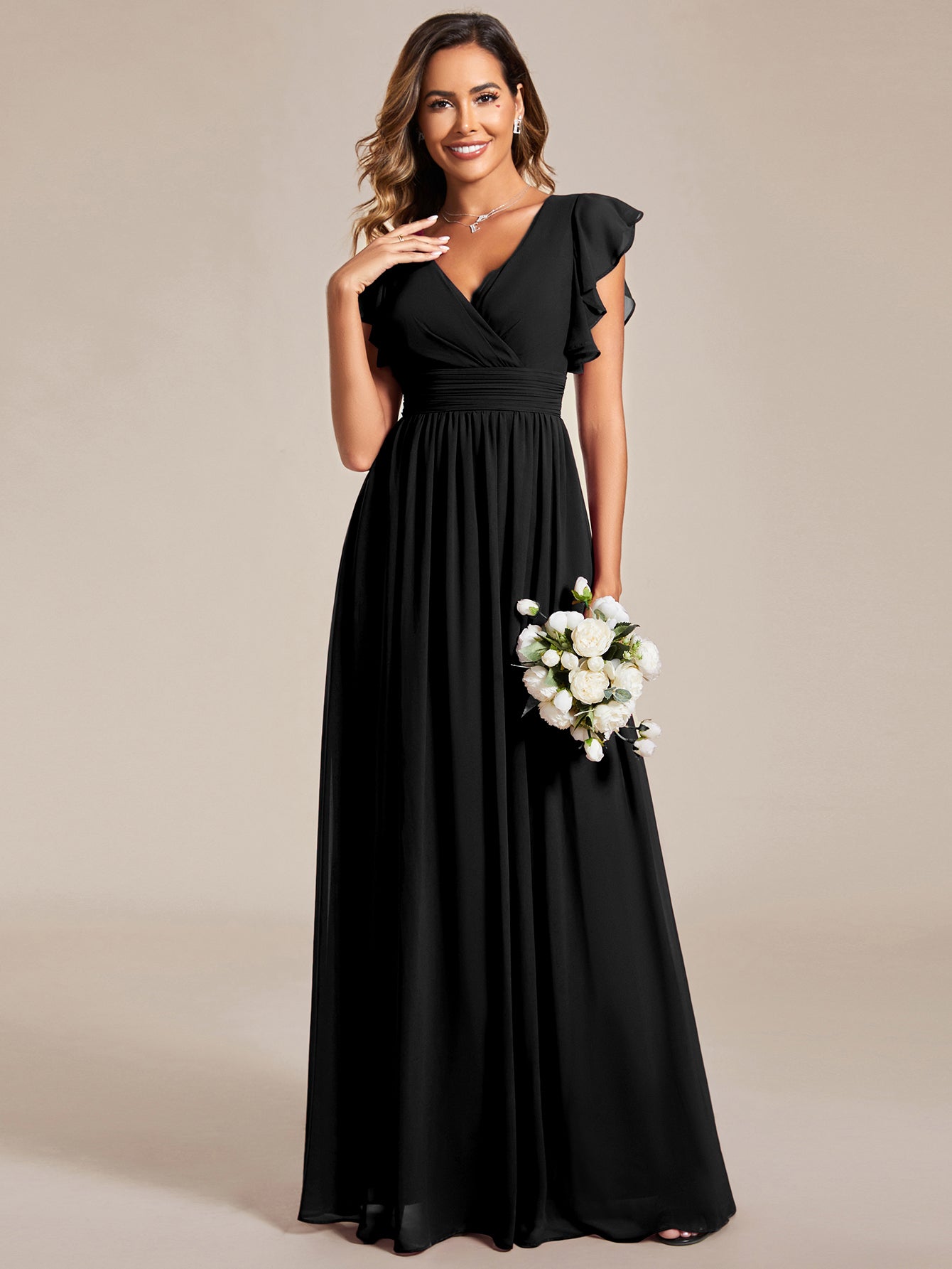 Elegant V-Neck Open Back Chiffon Bridesmaid Dress with Ruffled Sleeves #color_Black