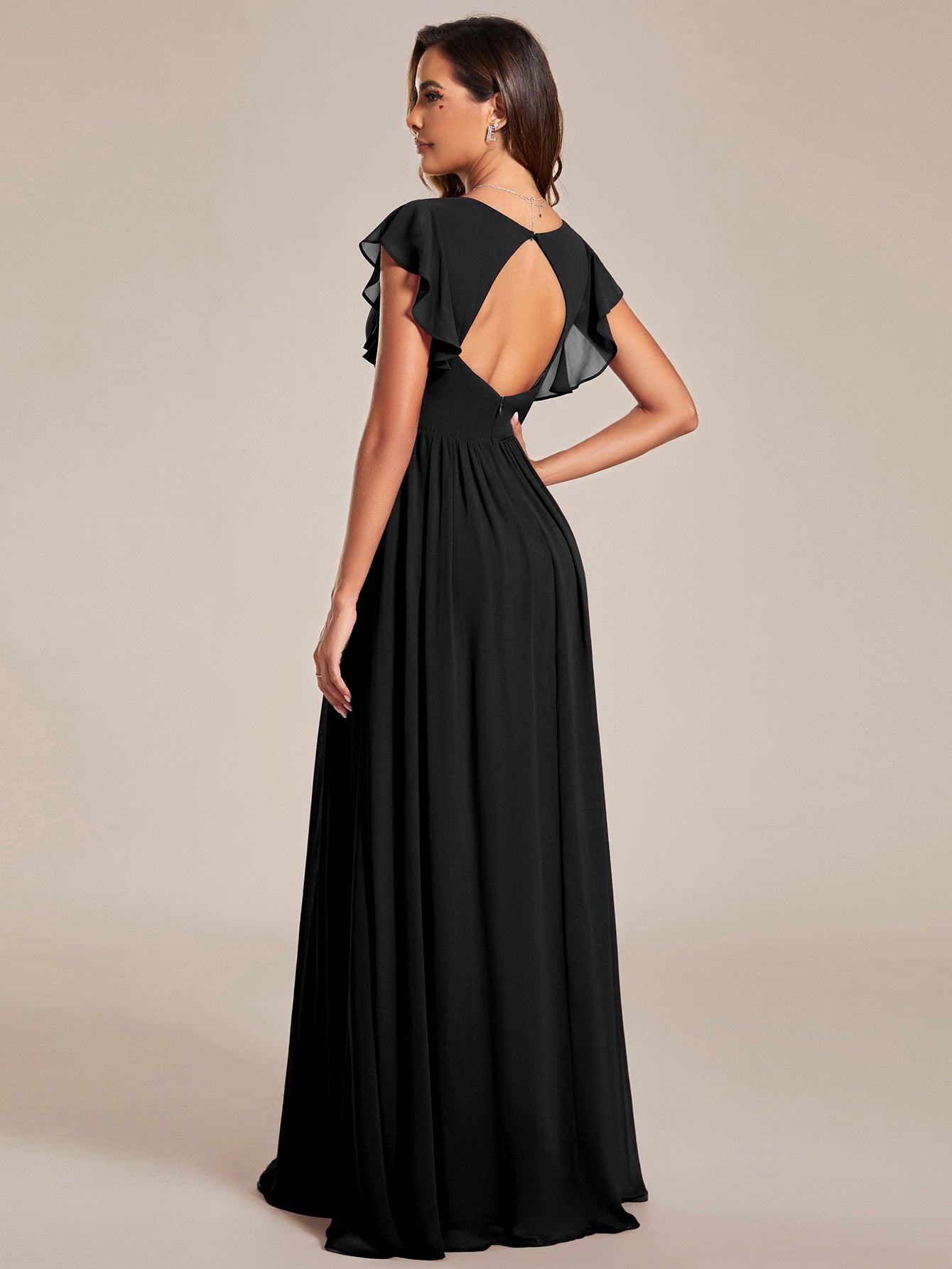 Elegant V-Neck Open Back Chiffon Bridesmaid Dress with Ruffled Sleeves #color_Black