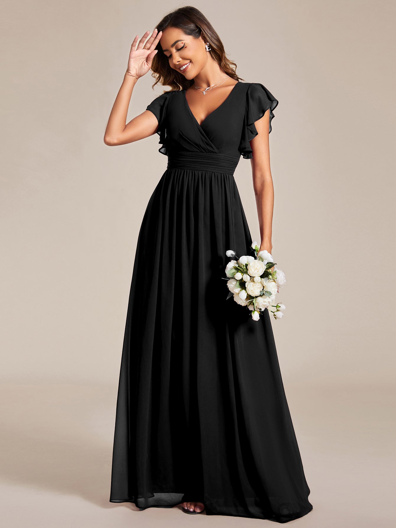 Elegant V-Neck Open Back Chiffon Bridesmaid Dress with Ruffled Sleeves #color_Black