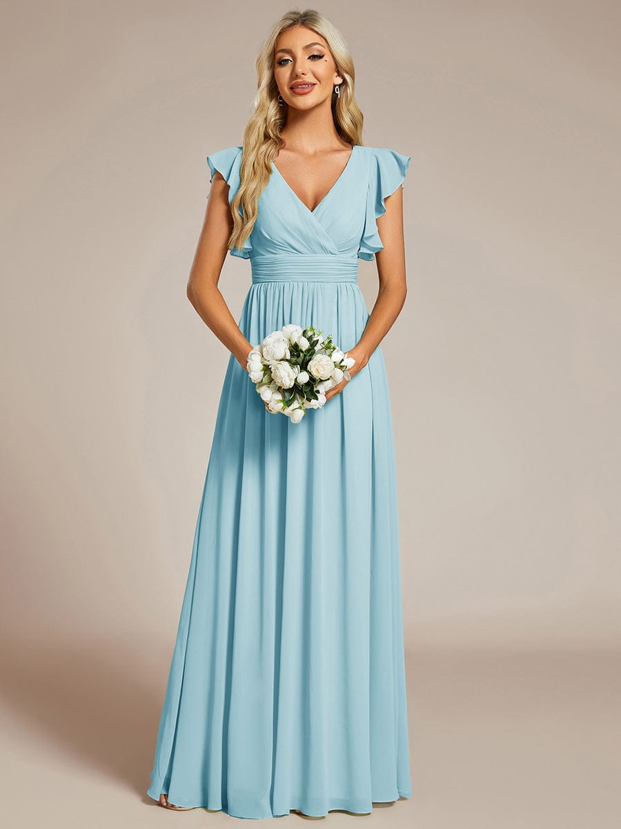 Elegant V-Neck Open Back Chiffon Bridesmaid Dress with Ruffled Sleeves #color_Sky Blue