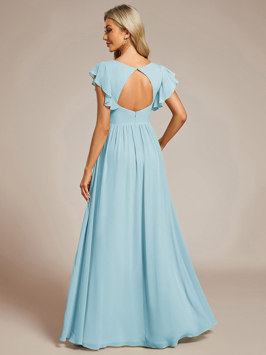 Elegant V-Neck Open Back Chiffon Bridesmaid Dress with Ruffled Sleeves #color_Sky Blue