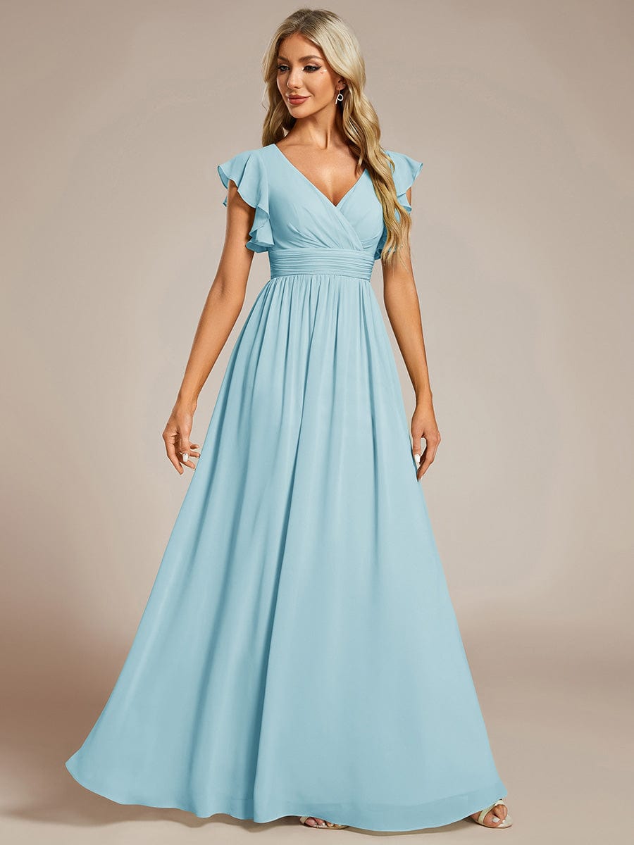 Elegant V-Neck Open Back Chiffon Bridesmaid Dress with Ruffled Sleeves #color_Sky Blue