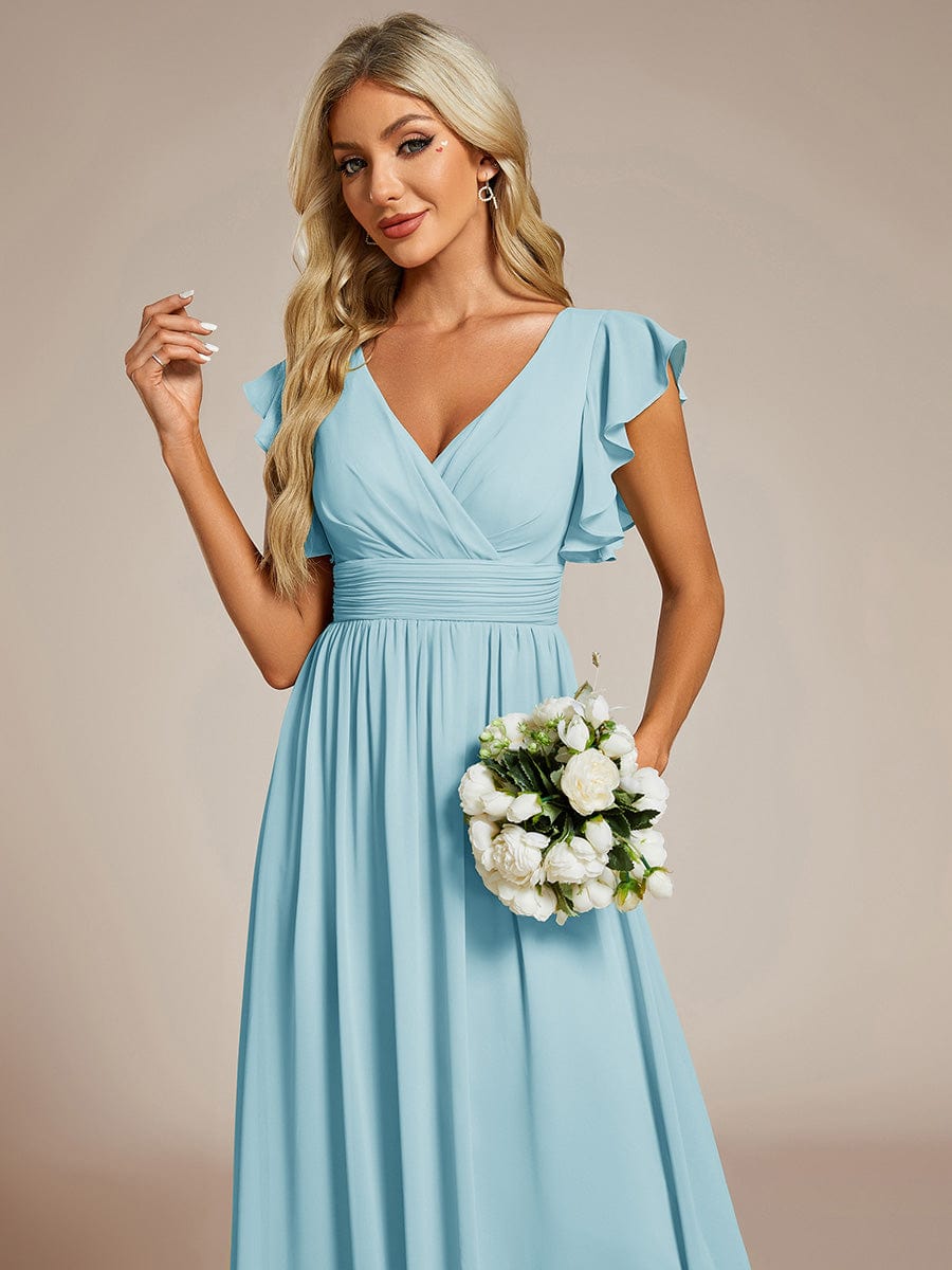 Elegant V-Neck Open Back Chiffon Bridesmaid Dress with Ruffled Sleeves #color_Sky Blue