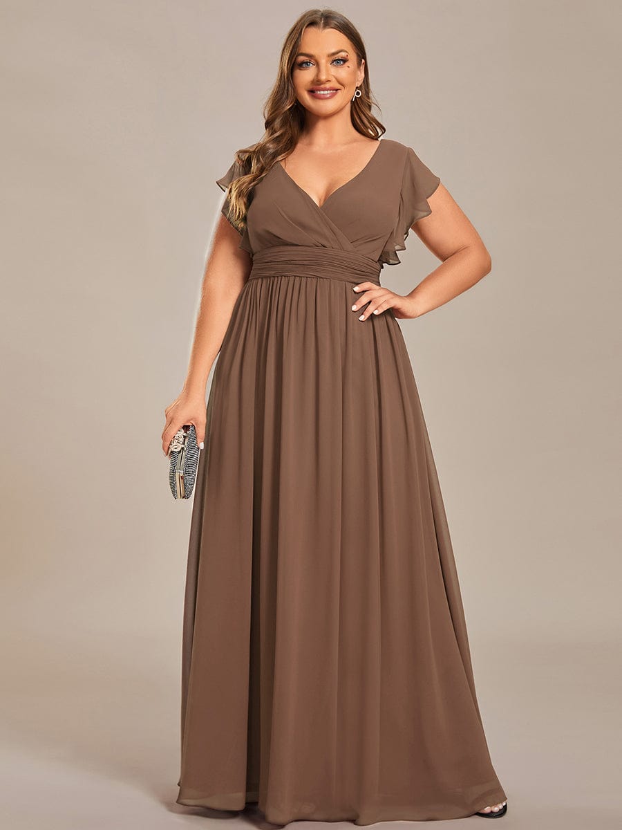 Custom Size Elegant V-Neck Open Back Chiffon Bridesmaid Dress with Ruffled Sleeves #color_Brown