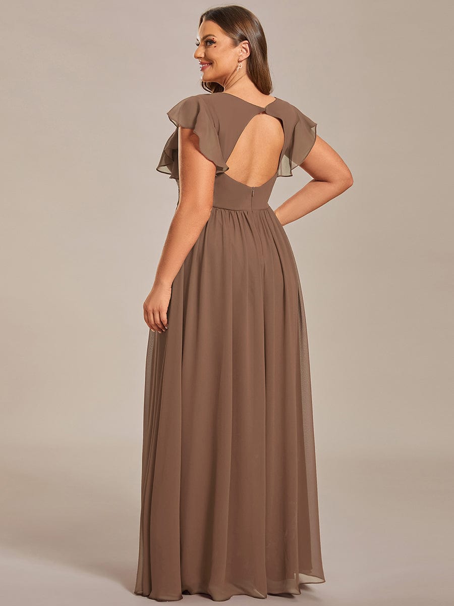 Custom Size Elegant V-Neck Open Back Chiffon Bridesmaid Dress with Ruffled Sleeves #color_Brown