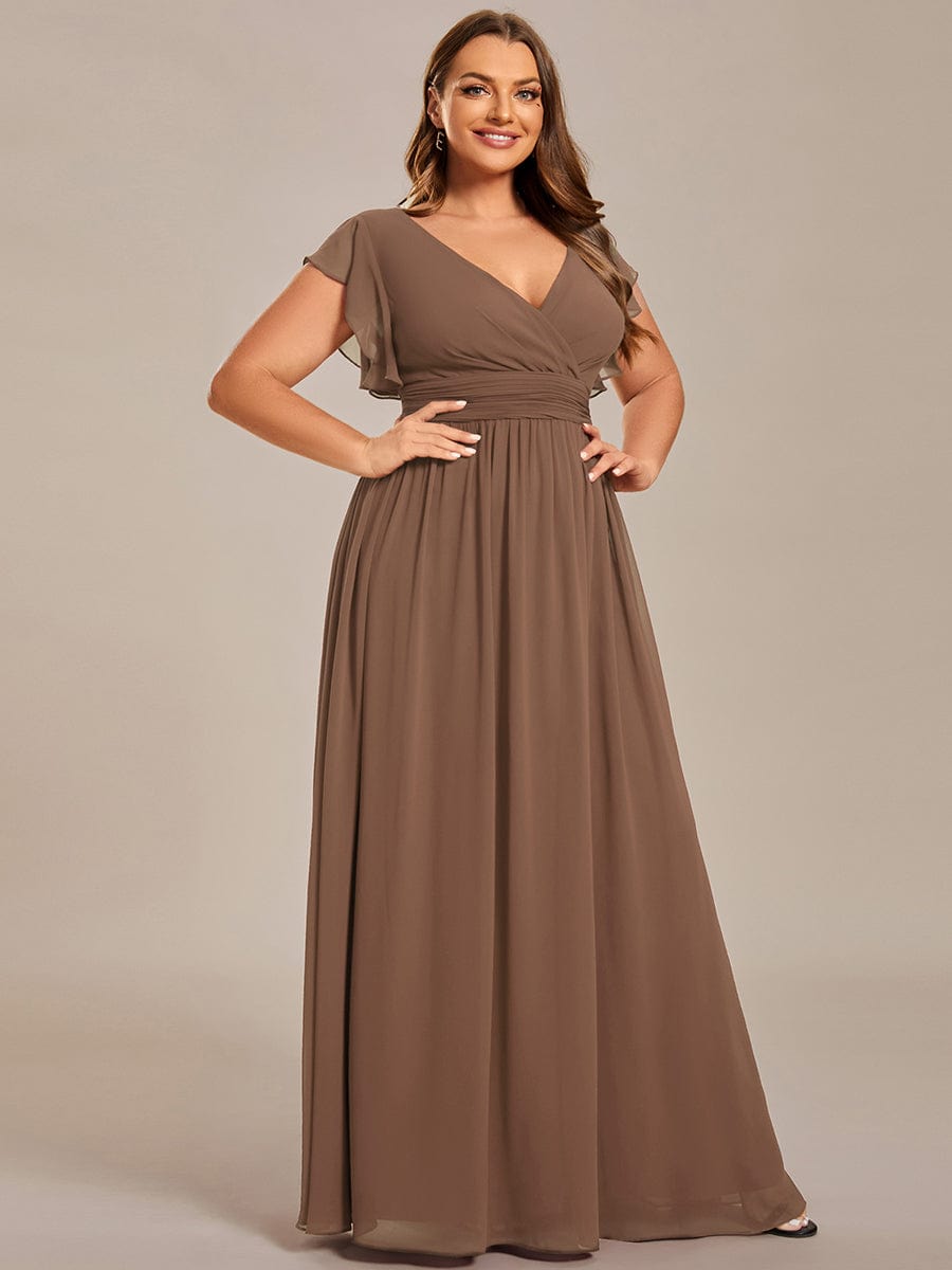 Custom Size Elegant V-Neck Open Back Chiffon Bridesmaid Dress with Ruffled Sleeves #color_Brown