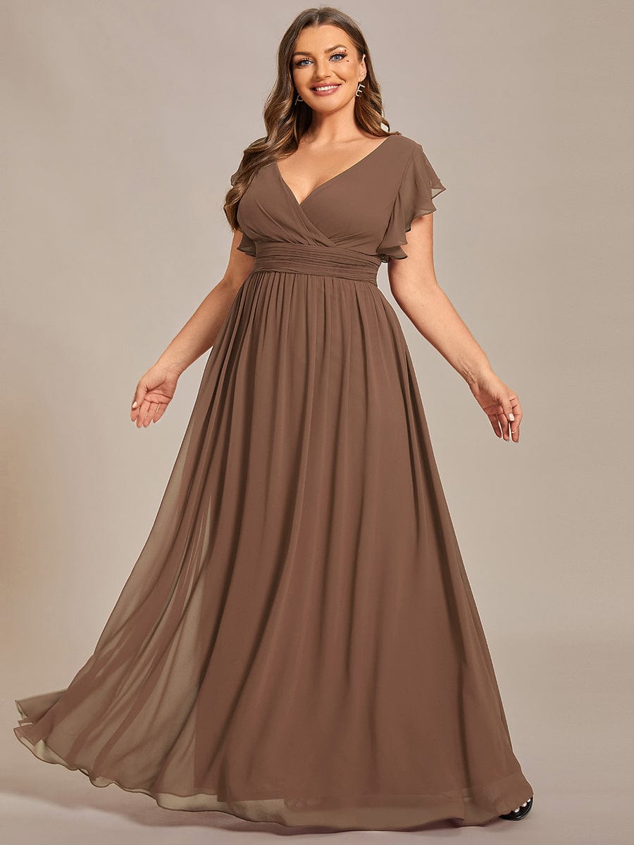 Custom Size Elegant V-Neck Open Back Chiffon Bridesmaid Dress with Ruffled Sleeves #color_Brown