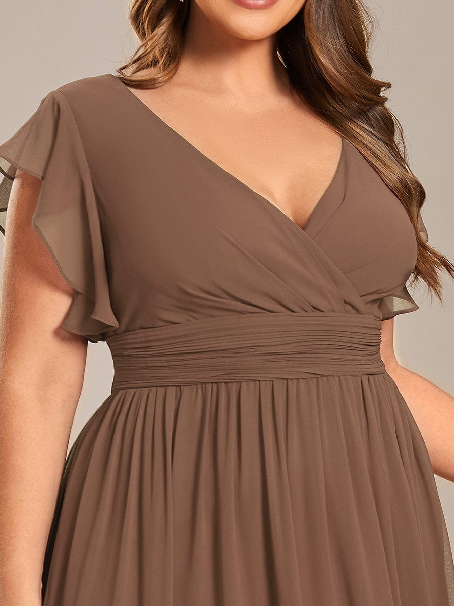 Custom Size Elegant V-Neck Open Back Chiffon Bridesmaid Dress with Ruffled Sleeves #color_Brown