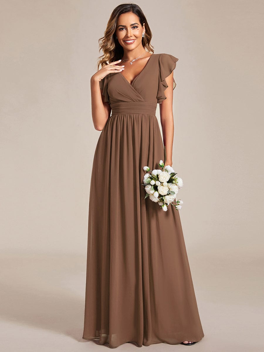 Custom Size Elegant V-Neck Open Back Chiffon Bridesmaid Dress with Ruffled Sleeves #color_Brown