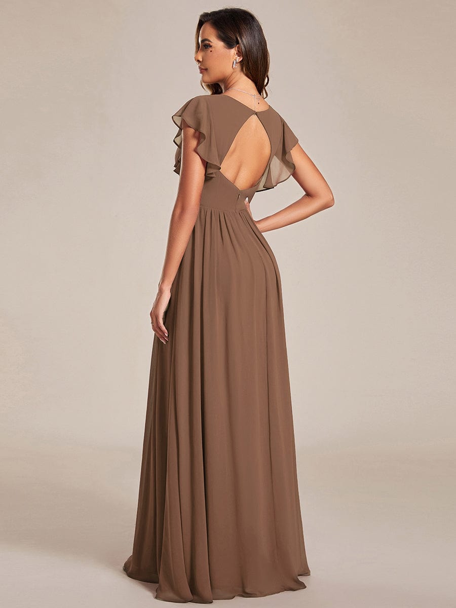 Custom Size Elegant V-Neck Open Back Chiffon Bridesmaid Dress with Ruffled Sleeves #color_Brown