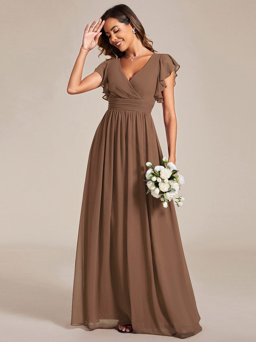 Custom Size Elegant V-Neck Open Back Chiffon Bridesmaid Dress with Ruffled Sleeves #color_Brown