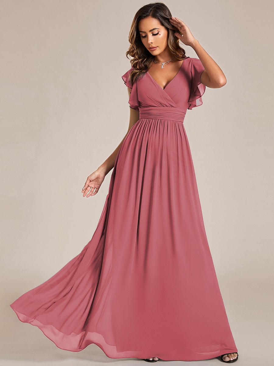 Elegant V-Neck Open Back Chiffon Bridesmaid Dress with Ruffled Sleeves #color_Cameo Brown