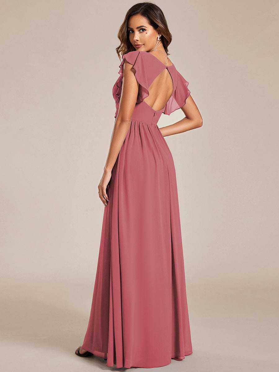 Elegant V-Neck Open Back Chiffon Bridesmaid Dress with Ruffled Sleeves #color_Cameo Brown